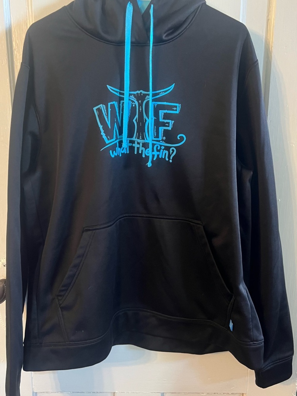 What The Fin? Black Pullover Hoodie with Teal Logo